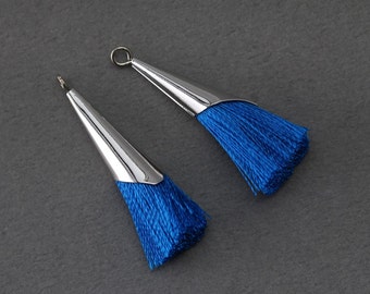 Blue Cotton Tassel .  Jewelry Supplies . Polished Original Rhodium Plated over Brass Cap - 2 Pcs / GT006-PR-BL