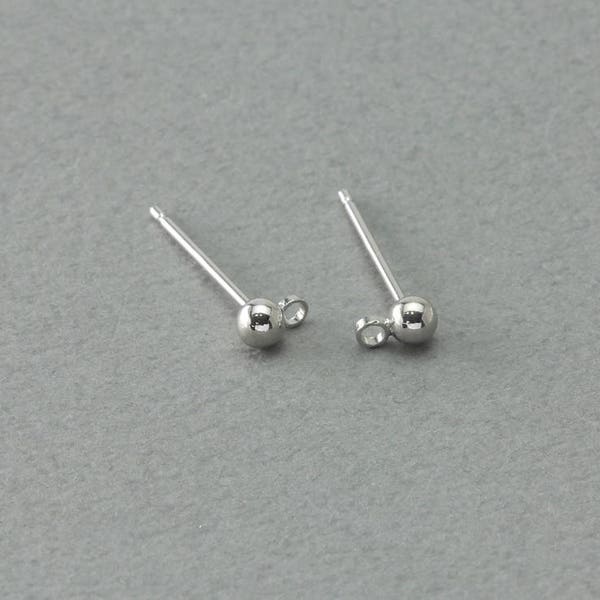 3mm Ball Post Earring . Earring Component . 925 Sterling Silver Post . Polished Original Rhodium Plated / 4 Pcs - NC071-PR