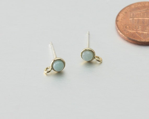 Amazonite Gemstone Post Earring . Earring Component . 925 Sterling Silver Post . Polished Gold Plated / 2 Pcs - DG092-PG-AZ