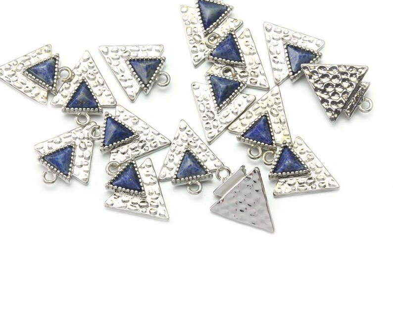 Triangle Lapis Lazuli Gemstone Pendant Jewelry Craft Supplies Polished Original Rhodium Plated over Brass 2 Pcs DG054-PR-LL