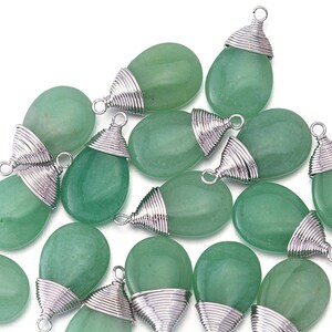 Green Aventurine Gemstone Pendant . Jewelry Craft Supplies . Polished Original Rhodium Plated over Brass / 2 Pcs DG003-PR-GA image 2