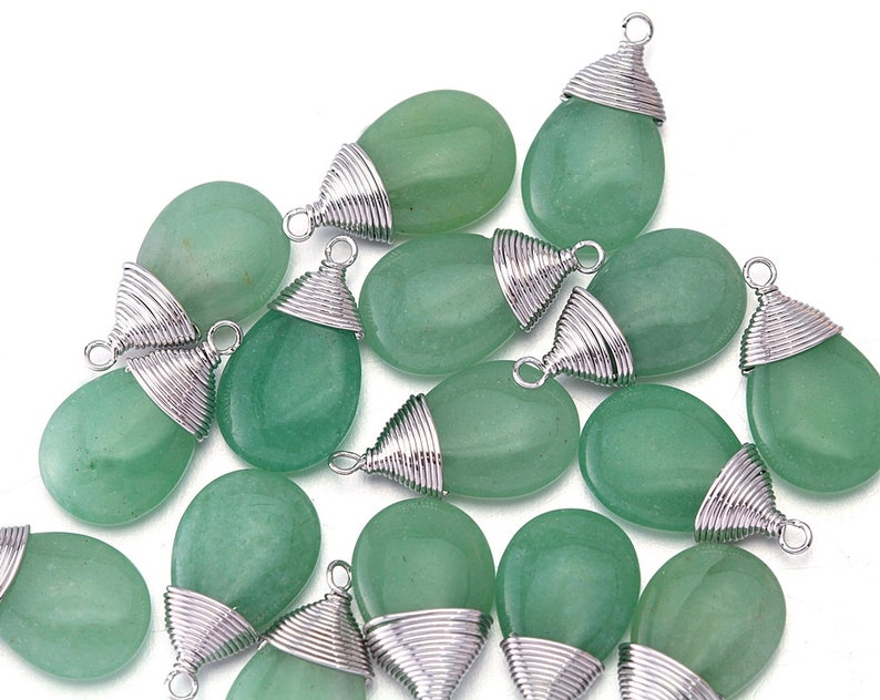 Green Aventurine Gemstone Pendant . Jewelry Craft Supplies . Polished Original Rhodium Plated over Brass / 2 Pcs DG003-PR-GA image 2