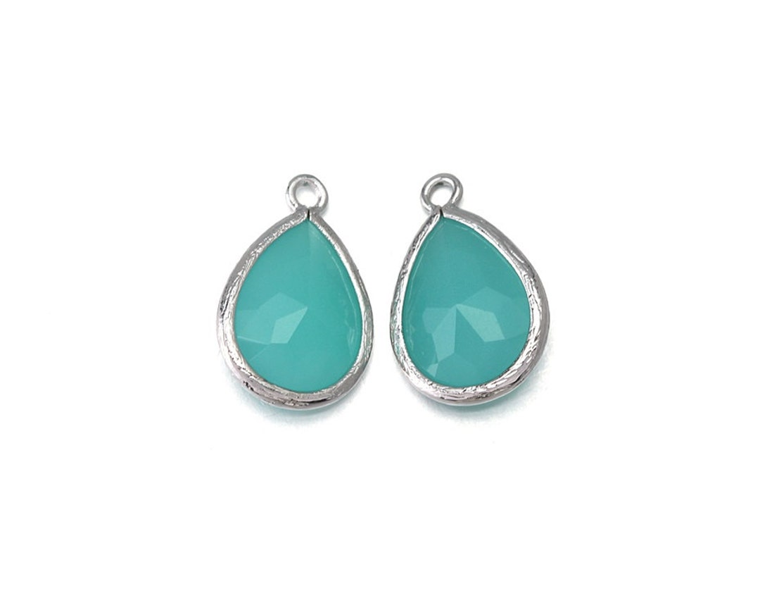 Mint Glass Pendant . Jewelry Craft Supplies . Polished Original Rhodium Plated Over Brass / 2