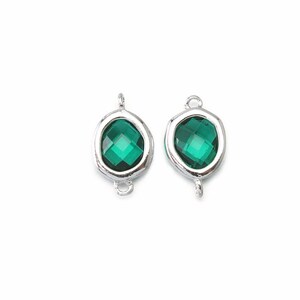 Emerald Glass Connector . Jewelry Craft Supplies . Polished Original Rhodium Plated over Brass  / 2 Pcs - CG052-PR-EM