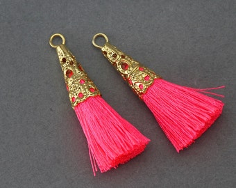 50% OFF . Neon Pink Cotton Tassel . Polished Gold Plated - 2 Pcs / GT005-PG-NPK