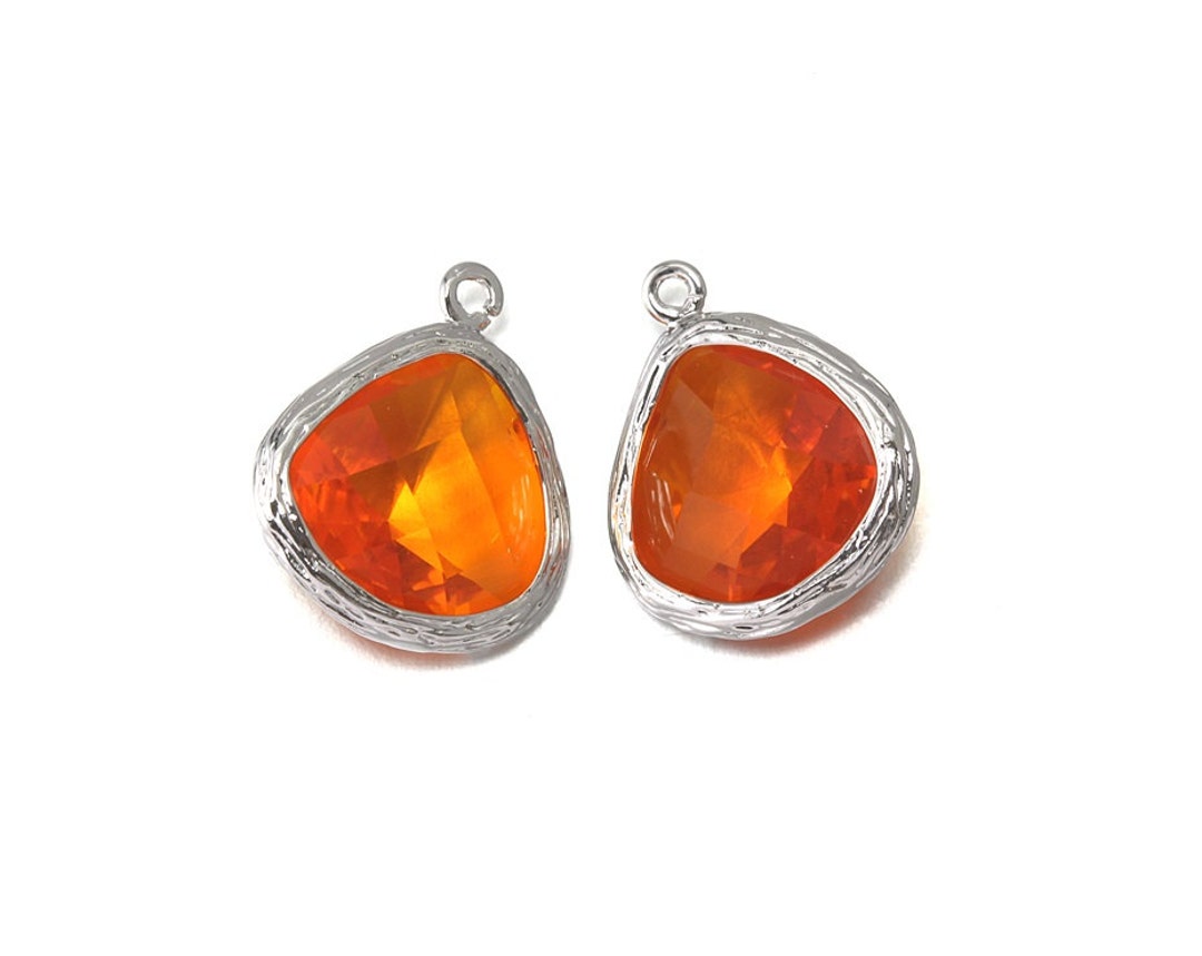 Carnelian Glass Pendant . Jewelry Craft Supplies . Polished Original Rhodium Plated Over Brass