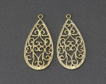 Teardrop Brass Pendant . Jewelry Craft Supply . 16K Matte Gold Plated over Brass / 2 Pcs - FC050-MG