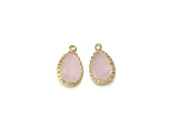 Ice Pink Glass Pendant . Jewelry Craft Supplies . 16K Polished Gold Plated over Brass  / 2 Pcs - AG008-PG-IP