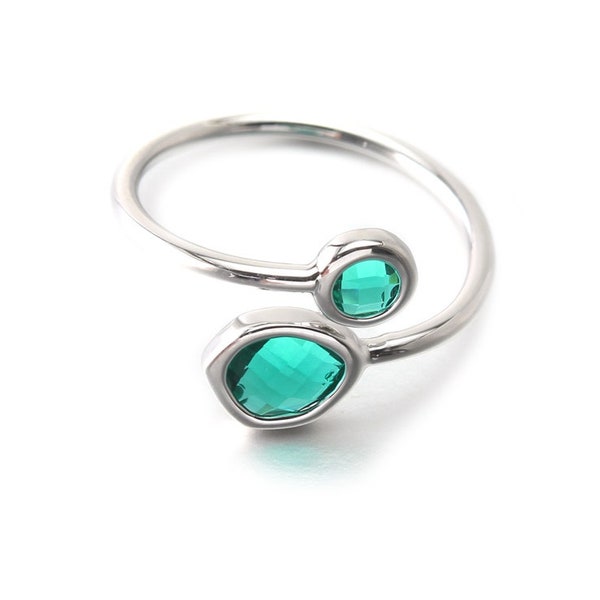 Emerald Glass Adjustable Ring . Jewelry Craft Supplies . Polished Original Rhodium Plated over Brass / 1 Pcs - CR001-PR-EM