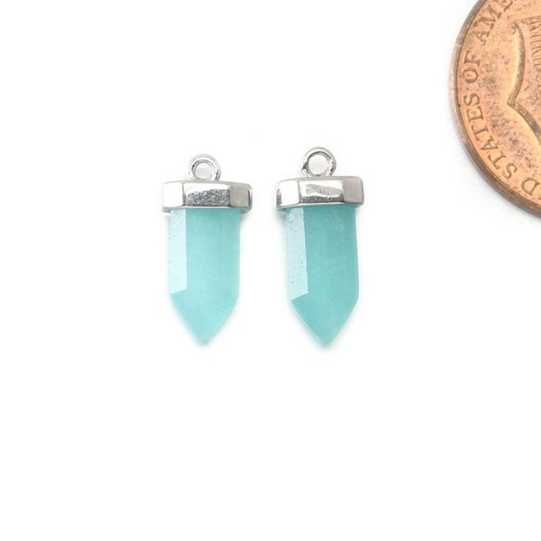 Amazonite Gemstone Pendant . Jewelry Craft Supplies . Polished Original Rhodium Plated / 2 Pcs - DG096-PR-AZ