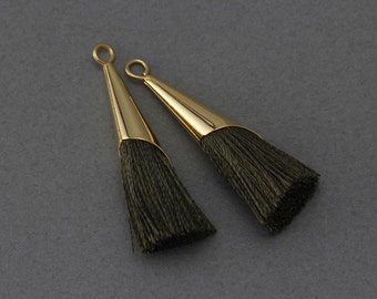 Olivine Cotton Tassel . Jewelry Craft Supply . 16K Polished Gold Plated over Brass Cap - 2 Pcs / GT006-PG-OV