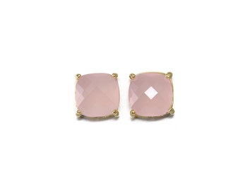 Ice Pink Glass Pendant . Jewelry Craft Supplies . 16K Polished Gold Plated over Brass  / 2 Pcs - CG029-PG-IP