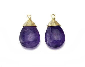Amethyst Edelstein Anhänger. Schmuck Bastelbedarf . 16K Poliert, vergoldet über Messing / 2 Stück - DG004-PG-AM