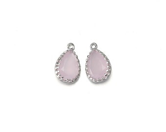 Ice Pink Glass Pendant . Jewelry Craft Supplies . Polished Original Rhodium Plated over Brass  / 2 Pcs - AG008-PR-IP