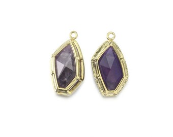 Amethyst Gemstone Pendant . Jewelry Craft Supplies . Polished Gold Plated / 2 Pcs - DG080-PG-AM
