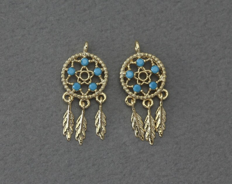 Dream Catcher Brass Pendant Wedding Jewelry FC397-PG-TQ Polished Gold Plated 2 Pcs Bridal Jewelry