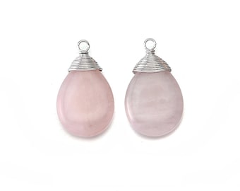 Ciondolo in pietra preziosa di quarzo rosa. Forniture per gioielli artigianali. Ottone originale placcato rodio lucido / 2 pezzi - DG004-PR-RQ