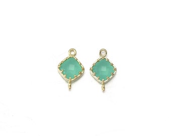 Mint Glass Connector .  Jewelry Supplies . 16K Polished Gold Plated over Brass  / 2 Pcs - CG028-PG-MT