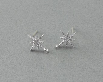 Star Cubic Post Earring . Wedding Jewelry . 925 Sterling Silver Post . Polished Original Rhodium Plated over Brass / 2 Pcs - BC232-PR-CR