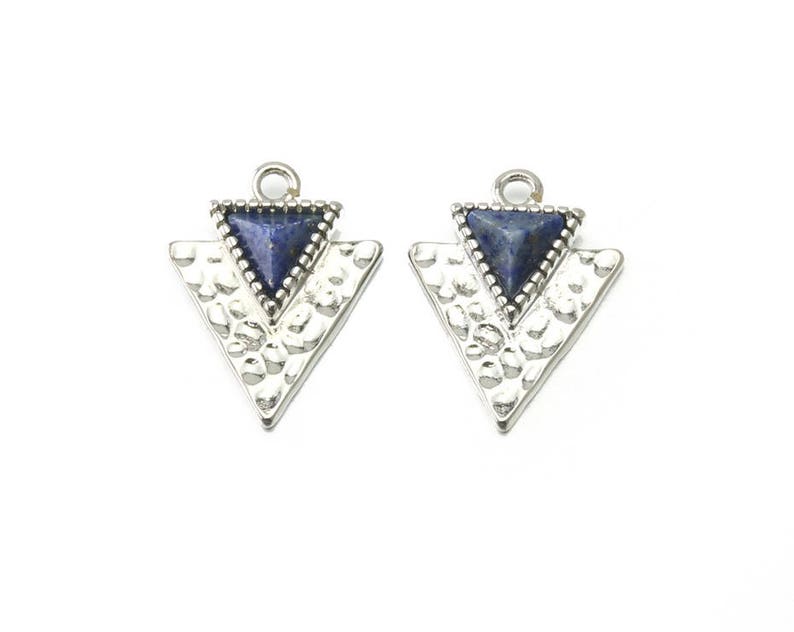 Triangle Lapis Lazuli Gemstone Pendant Jewelry Craft Supplies Polished Original Rhodium Plated over Brass 2 Pcs DG054-PR-LL