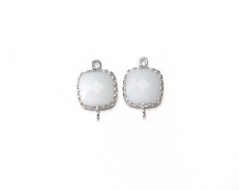 Milk Glass Connector . Jewelry Craft Supplies . Polished Original Rhodium Plated over Brass  / 2 Pcs - AG006-PR-MK