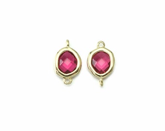 Fuchsia Glass Connector . Jewelry Craft Supplies . Polished Gold Plated over Brass  / 2 Pcs - CG052-PG-FC