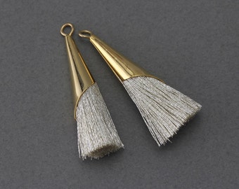 Silver Cotton Tassel . Jewelry Craft Supply . 16K Polished Gold Plated over Brass Cap - 2 Pcs / GT006-PG-SV