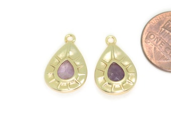 Amethyst Edelstein Anhänger. Schmuck Bastelbedarf. Poliert Gold Plated / 2 Stück - DG126-PG-AM
