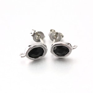 Onyx Glass Post Earring . Earring Component . 925 Sterling Silver Post . Polished Original Rhodium Plated over Brass  / 2 Pcs - CG048-PR-ON