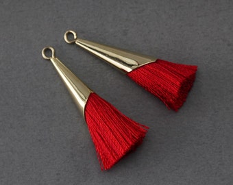 Red Cotton Tassel . Jewelry Craft Supply . 16K Polished Gold Plated over Brass Cap / 2 Pcs - GT006-PG-RD