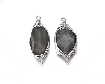 Labradorit Edelstein Stecker. Schmuck Bastelbedarf . Poliertes Original Rhodium über Messing / 2 Stück - DG002-PR-Pound