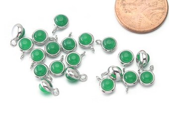 Green Agate Gemstone Pendant . Birthstone May . Jewelry Craft Supplies . Polished Original Rhodium Plated / 2 Pcs - DG069-PR-GA