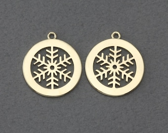 Snowflake Brass Pendant . Wedding, Bridal Jewelry . Polished Gold Plated over Brass / 2 Pcs - FC421-PG