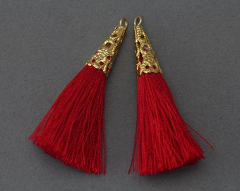 50% OFF . Red Cotton Tassel . Polished Gold Plated / 2 Pcs - GT001-PG-RD