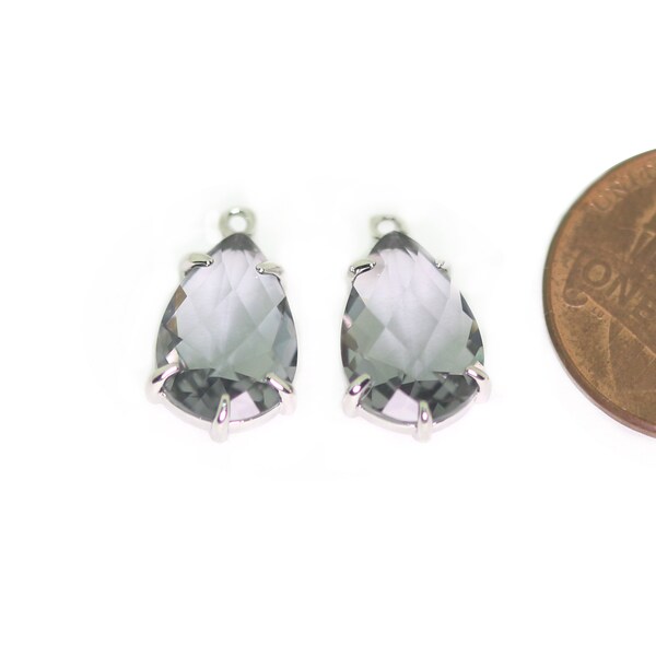 Pendentif en verre diamant noir. Fournitures de création de bijoux. Original plaqué rhodium poli / 2 pièces - CG071-PR-BD