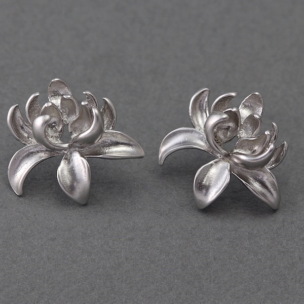 Lotus Post Earring . Earring Component . 925 Sterling Silver Post . Matte Original Rhodium Plated over Brass  / 2 Pcs - AC076-MR