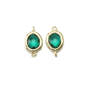 Emerald Glass Connector . Jewelry Craft Supplies . Polished Gold Plated over Brass  / 2 Pcs - CG052-PG-EM