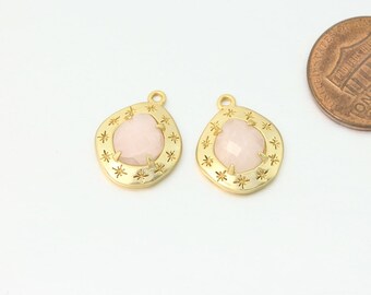 Rose Quartz Gemstone Pendant . Jewelry Craft Supplies . Matte Gold Plated / 2 Pcs - DG114-MG-RQ