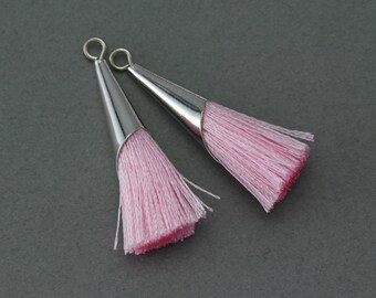Pink Cotton Tassel .  Jewelry Supplies . Polished Original Rhodium Plated over Brass Cap - 2 Pcs / GT006-PR-PK