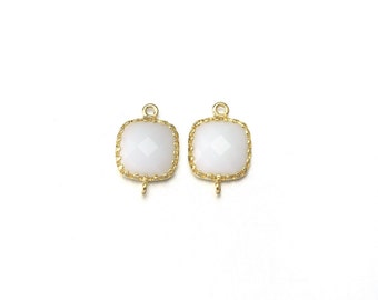 Milk Glass Connector . Jewelry Craft Supplies . 16K Polished Gold Plated over Brass  / 2 Pcs - AG006-PG-MK