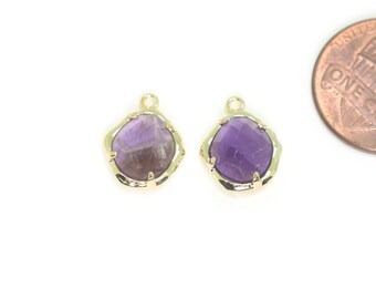 Amethyst Edelstein Anhänger. Schmuck Bastelbedarf. Poliert Gold Plated / 2 Stück - DG123-PG-AM