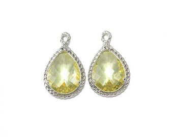 Jonquil Glass Pendant . Jewelry Craft Supplies . Polished Original Rhodium Plated over Brass  / 2 Pcs - CG001-PR-JQ
