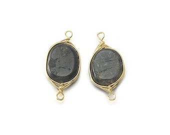 Labradorit Edelstein Verbinder. Schmuck Bastelbedarf. Poliertes Gold Plated über Messing / 2 Stück - DG091-PG-Pfund
