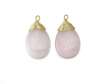 Rose Quartz Gemstone Pendant . Jewelry Craft Supplies . 16K Polished Gold Plated over Brass  / 2 Pcs - DG004-PG-RQ
