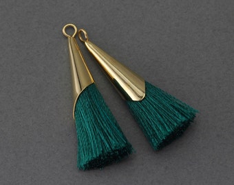 Dark Green Cotton Tassel . Jewelry Craft Supply . 16K Polished Gold Plated over Brass Cap - 2 Pcs / GT006-PG-DGR