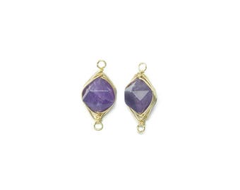 Amethyst Edelstein Verbinder. Schmuck Bastelbedarf. Poliertes Gold über Messing / 2 Stück - DG076-PG-AM