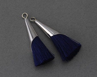 Dark Navy Cotton Tassel . Jewelry Craft Supply . Polished Original Rhodium Plated over Brass Cap - 2 Pcs / GT006-PR-DNV