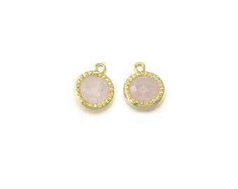 Ciondolo con pietra preziosa di quarzo rosa. Forniture per gioielli artigianali. Placcato oro lucido su ottone / 2 pezzi - DG070-PG-RQ