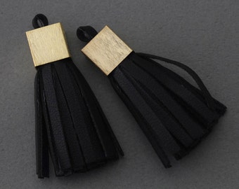 50% OFF . Black Leather Tassel . Matte Gold Plated / 2 Pcs - GT015-MG-BK