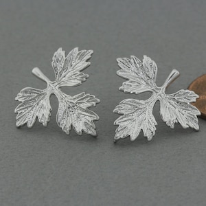 May include: A pair of silver earrings shaped like a leaf with a textured surface.